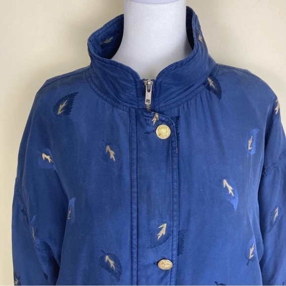 Vintage 90s Silk Bomber Windbreaker Jacket Navy Gold Leaf Print Gorpcore Sz M - Picture 3 of 16